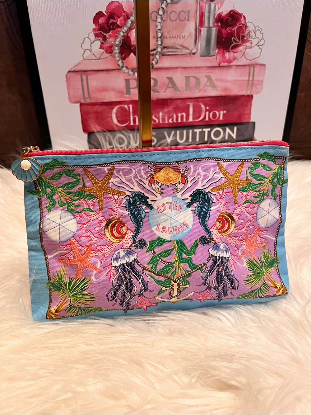 Estee Lauder Pink, Purple & Light Blue Embroidered Ocean Cosmetic bag